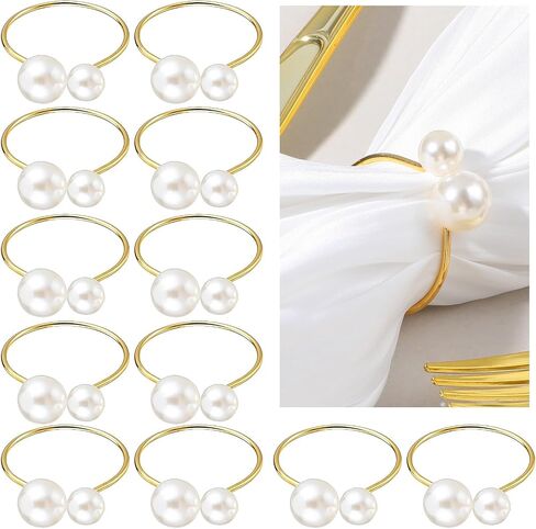 Prasacco 12 Pieces Pearl Napkin Rings, Gold Napkin Ring Holders Christmas Napkin Rings Table Napkin Rings for Dinner Table Decor, Wedding, Banquet, Valentines Day, Parties in Saudi Arabia