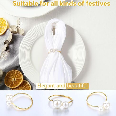 Prasacco 12 Pieces Pearl Napkin Rings, Gold Napkin Ring Holders Christmas Napkin Rings Table Napkin Rings for Dinner Table Decor, Wedding, Banquet, Valentines Day, Parties in Saudi Arabia