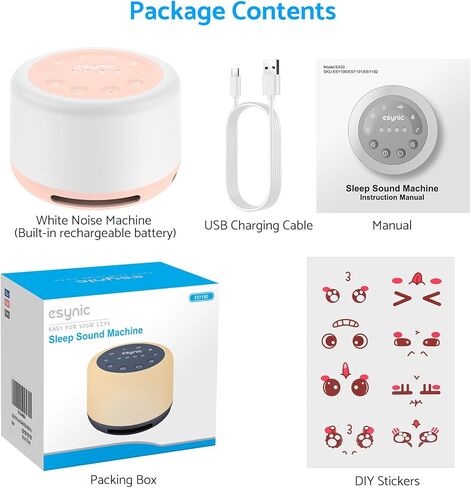 جهاز ضوضاء أبيض أصلي من eSynic لجهاز صوت نوم الطفل القابل لإعادة الشحن وجهاز صوت ضوضاء أبيض للسيدات مع (7 أضواء ليلية) (30 صوتًا) (وظيفة التسجيل) (تدريب التنفس) (مكبر صوت لاسلكي) in Kuwait