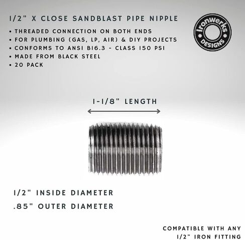 1/2 بوصة × تجهيزات أنابيب الحديد ذات الديكور الصناعي - لمسة نهائية من السفع الرملي، حلمة الأنابيب الملولبة، أرجل الطاولة الصناعية على رفوف الأنابيب - [10 عبوات] in Kuwait