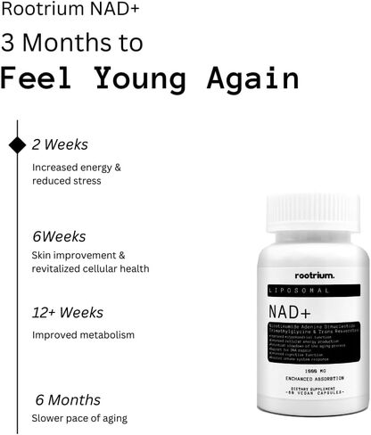 Rootrium Liposomal NAD+ 1000mg with Resveratrol & TMG - Three in One Enhanced Energy, DNA Repair & Anti-Aging Formula - Boost Brain Function & Cellular Health, 60 Vegetarian Capsule in Saudi Arabia