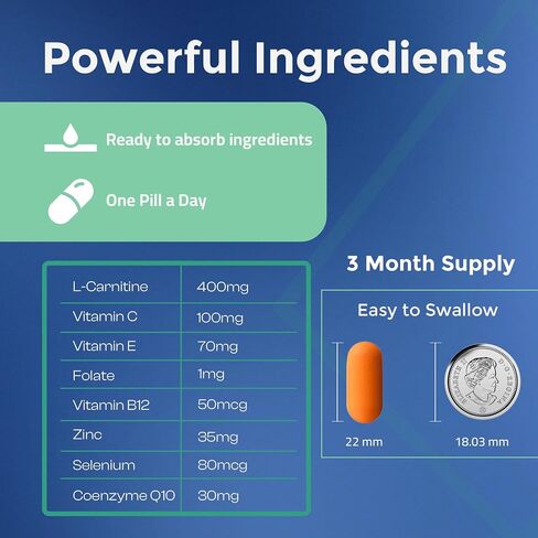 Medfertil للرجال مكمل غذائي (90 قيراط) مع L-Carnitine وفيتامين C وE وB12 وحمض الفوليك والزنك والسيلينيوم وCo-Q10 / قرص مرة واحدة يوميًا / كمية تكفي لمدة 3 أشهر / Elan Healthcare in Saudi Arabia