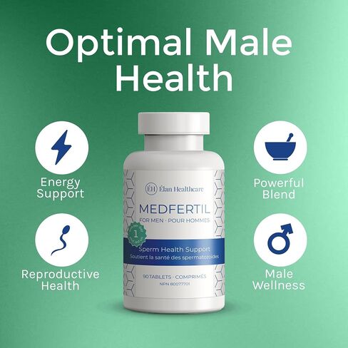 Medfertil للرجال مكمل غذائي (90 قيراط) مع L-Carnitine وفيتامين C وE وB12 وحمض الفوليك والزنك والسيلينيوم وCo-Q10 / قرص مرة واحدة يوميًا / كمية تكفي لمدة 3 أشهر / Elan Healthcare in Saudi Arabia
