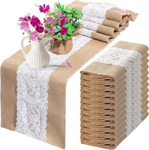 Chumia 12 Pcs Burlap Lace Table Runner 12" x 72" Bulk Jute Lace on Burlap Runners Rustic Farmhouse Hessian Table Cloth for Western Country Wedding Reception Engagement Birthday Party Table Table Decor in Saudi Arabia
