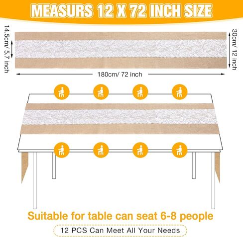 Chumia 12 Pcs Burlap Lace Table Runner 12" x 72" Bulk Jute Lace on Burlap Runners Rustic Farmhouse Hessian Table Cloth for Western Country Wedding Reception Engagement Birthday Party Table Table Decor in Saudi Arabia