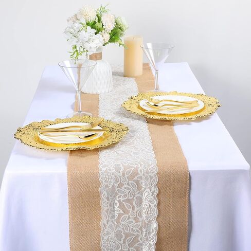 Chumia 12 Pcs Burlap Lace Table Runner 12" x 72" Bulk Jute Lace on Burlap Runners Rustic Farmhouse Hessian Table Cloth for Western Country Wedding Reception Engagement Birthday Party Table Table Decor in Saudi Arabia