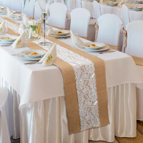 Chumia 12 Pcs Burlap Lace Table Runner 12" x 72" Bulk Jute Lace on Burlap Runners Rustic Farmhouse Hessian Table Cloth for Western Country Wedding Reception Engagement Birthday Party Table Table Decor in Saudi Arabia