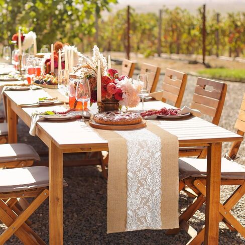 Chumia 12 Pcs Burlap Lace Table Runner 12" x 72" Bulk Jute Lace on Burlap Runners Rustic Farmhouse Hessian Table Cloth for Western Country Wedding Reception Engagement Birthday Party Table Table Decor in Saudi Arabia