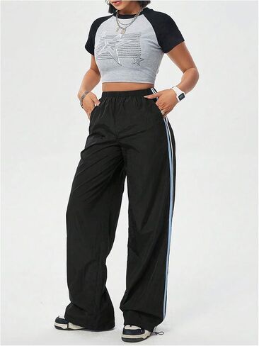 SHENHE Women's Elastic Waist Casual Parachute Pants Y2k Low Rise Loose Pants Track Pants in Saudi Arabia