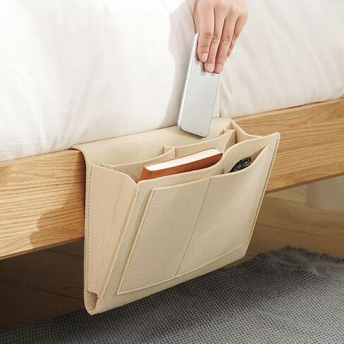 Bringsine Bedside Caddy, Felt Bed Storage Organizer Hanging Bag Holder with 5 Pockets for Magazine Book Phone Tablet iPad Cables Remote & Water Bottle Holder Home Dorm Bed Sofa-Light Gray in Kuwait