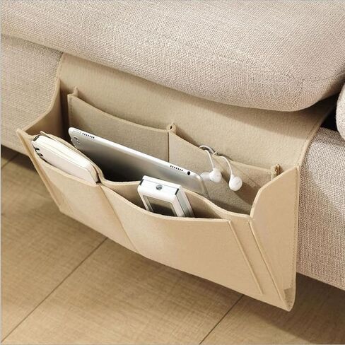 Bringsine Bedside Caddy, Felt Bed Storage Organizer Hanging Bag Holder with 5 Pockets for Magazine Book Phone Tablet iPad Cables Remote & Water Bottle Holder Home Dorm Bed Sofa-Light Gray in Kuwait