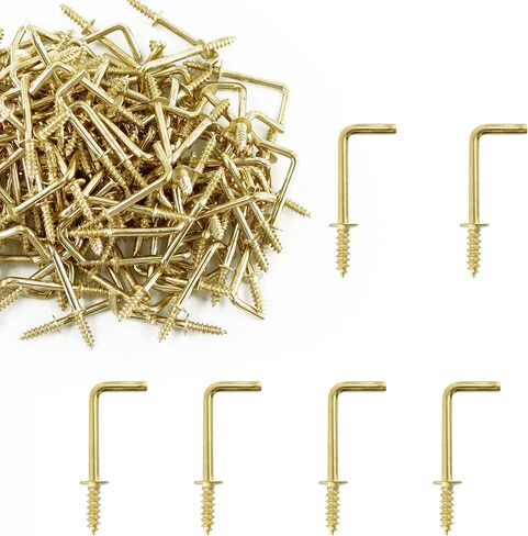 150PCS Mini Right Angle Screw Hooks 3/4 Inch Brass Plated L Hooks, Screw-in Square Bend Hooks, Gold Mini Shoulder Hook Screw Self-Tapping Screws Hooks in Saudi Arabia