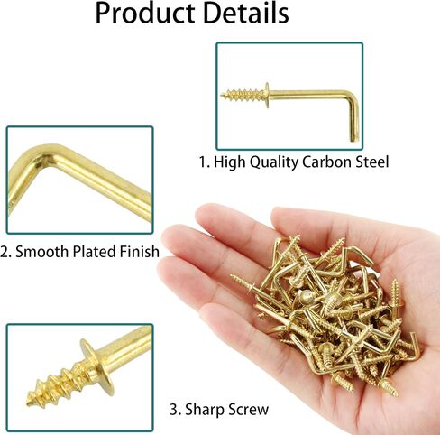 150PCS Mini Right Angle Screw Hooks 3/4 Inch Brass Plated L Hooks, Screw-in Square Bend Hooks, Gold Mini Shoulder Hook Screw Self-Tapping Screws Hooks in Saudi Arabia