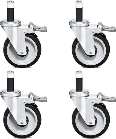 5" Swivel Caster Wheels for Wire Shelving, Industrial Grade with Brake, Adjustable Fit for 1" Post (Outside Diameter), 600 Lbs. Capacity per Caster, Set of 4 in Kuwait