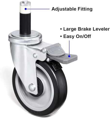 5" Swivel Caster Wheels for Wire Shelving, Industrial Grade with Brake, Adjustable Fit for 1" Post (Outside Diameter), 600 Lbs. Capacity per Caster, Set of 4 in Kuwait