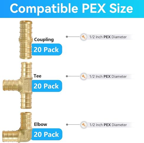 (Pack of 60) 1/2" PEX Fittings,90 Degree Elbow (20 PCS) + Tee (20 PCS) + Straight Coupling (20 PCS),Pex Brass Crimp Fitting Combo for PEX Pipe Tubing Connection,ASTM F1807 in Saudi Arabia