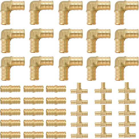 (Pack of 60) 1/2" PEX Fittings,90 Degree Elbow (20 PCS) + Tee (20 PCS) + Straight Coupling (20 PCS),Pex Brass Crimp Fitting Combo for PEX Pipe Tubing Connection,ASTM F1807 in Saudi Arabia