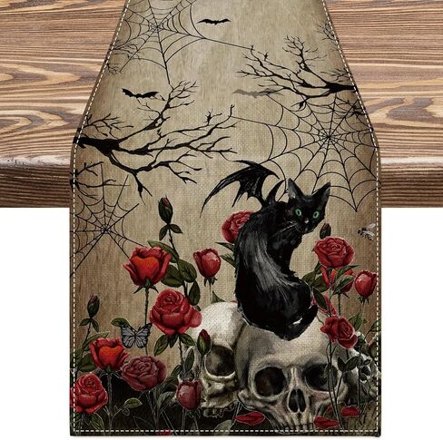 AnyDesign Halloween Table Runner Vintage Skull Black Cat Spider Web Roses Skeleton Kitchen Dining Table Decor Spooky Halloween Table Cover for Indoor Outdoor Home Party Supplies, 13 x 72 Inch in Saudi Arabia