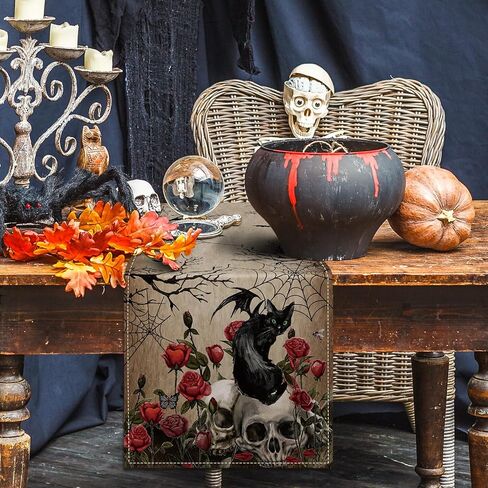 AnyDesign Halloween Table Runner Vintage Skull Black Cat Spider Web Roses Skeleton Kitchen Dining Table Decor Spooky Halloween Table Cover for Indoor Outdoor Home Party Supplies, 13 x 72 Inch in Saudi Arabia