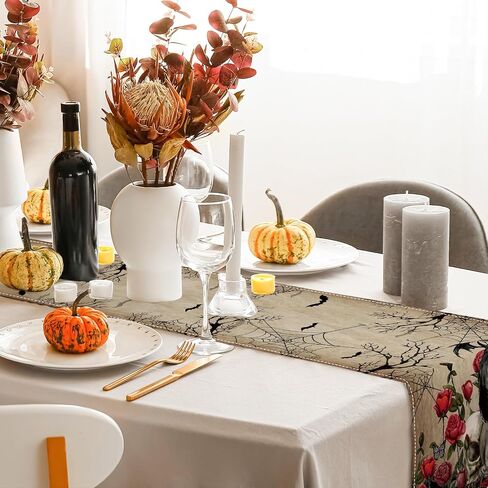 AnyDesign Halloween Table Runner Vintage Skull Black Cat Spider Web Roses Skeleton Kitchen Dining Table Decor Spooky Halloween Table Cover for Indoor Outdoor Home Party Supplies, 13 x 72 Inch in Saudi Arabia