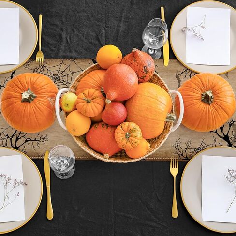 AnyDesign Halloween Table Runner Vintage Skull Black Cat Spider Web Roses Skeleton Kitchen Dining Table Decor Spooky Halloween Table Cover for Indoor Outdoor Home Party Supplies, 13 x 72 Inch in Saudi Arabia