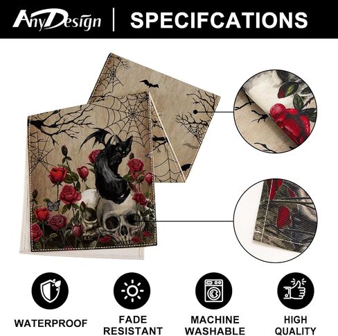 AnyDesign Halloween Table Runner Vintage Skull Black Cat Spider Web Roses Skeleton Kitchen Dining Table Decor Spooky Halloween Table Cover for Indoor Outdoor Home Party Supplies, 13 x 72 Inch in Saudi Arabia