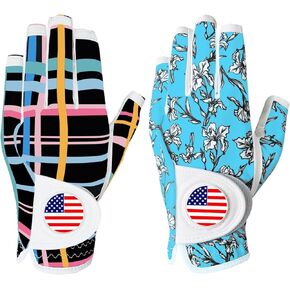 Golf Gloves Women with Ball Marker 2 Pack, Right Handed Golfer Left Hand, Ladies Breathable Soft All Weather Grip Glove Fit Size Small Medium Large X-Large