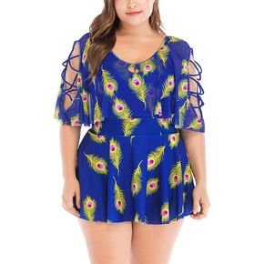 Wellwits Women's Plus Size Crisscross Flutter Sleeves Cherry Print Swimdress