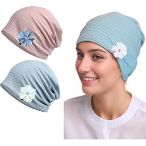ALLUREVIE 2PCS Chemo Headwear for Women with 2 Flower Clips - Soft & Breathable Turban Cap Set in Pink and Blue | Sleep Cap for Women Cancer Patient, Hair Loss Hat, Beanie for Cancer Treatment