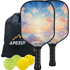مجاذيف كرة المخلل المصنوعة من الألياف الزجاجية من APEXUP، مجموعة مجاديف كرة المخلل الفاخرة المكونة من قطعتين، مجموعة كرات المخلل مع قبضة وسادة مريحة، 2 مضارب كرة مخلل، 4 كرات مخلل، 1 حقيبة محمولة