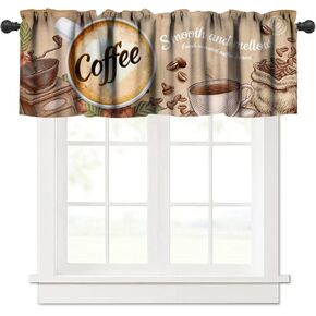 Coffee Valance Curtain for Cafe Kitchen,Rod Pocket Window Valances Vintage Brown,Drink Coffee Privacy Panel Short Curtain 1 Panels 54X18in
