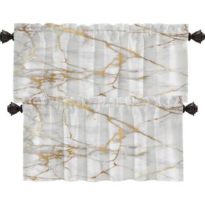 Shrahala Marble Golden Gold Tier Curtains for Kitchen Windows, Abstract Gold and White Marble Pattern Tier Curtains for Window Curtain, Café, Laundry, Bedroom 26X24 inch