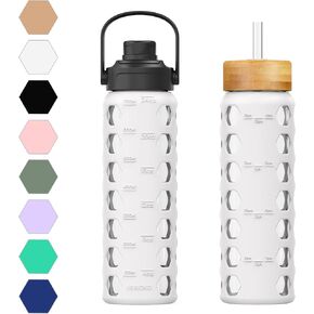 MUKOKO 24oz Glass Water Bottle with 2 Lids-Handle Flip Lid&Bamboo Straw Lid,Motivational Water Tumbler with Time Marker Reminder and Silicone Sleeve, Leakproof-Olive
