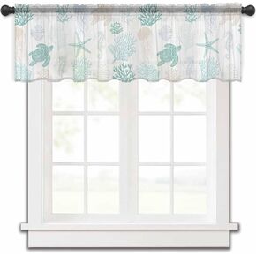 Aqua Teal Coral Valance Curtains for Kitchen/Living Room/Bathroom/Bedroom Window,Rod Pocket Small Topper Half Short Window Curtains Voile Sheer Scarf, Sea Turtle Starfish Shell Seahorse 42"x12"