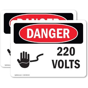(2 Pack) 220 Volts OSHA Danger Sign 5 Inch X 3.5 Inch Vinyl Label Decal Sticker Weather Resistant, UV Protected for Workplace, Business, and Construction Site, Made in the USA