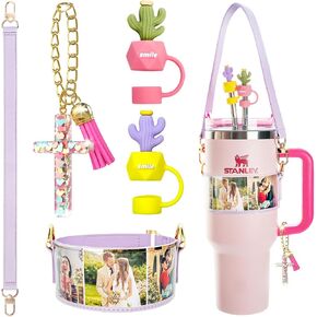Stanley Cup Accessories Set, 1 Pcs Water Bottle Handle Strap for Stanley Cup 30oz 40oz Tumbler with Handle, 2 Silicone Straw Covers, 1 Stanley Charm