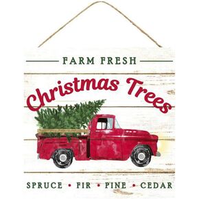Craig Bachman 10 Wooden Sign: Farm Fresh Christmas Trees Christmas Decor Vintage Red Truck Wall or Door Hanger AP8343
