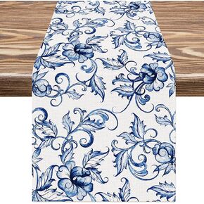 Blue White Floral Table Runner Watercolor Flower Table Decoration Chinoiserie Rectangle Decorative Table Cover for Indoor Outdoor Home Decor Party Supplies, 13 x 72 Inch