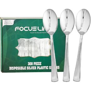FOCUSLINE 300 Pack 6.8" Disposable Silver Plastic Spoons, Solid and Durable Plastic Cutlery Spoons, Heavy Duty Disposable Utensil Silverware for Catering, Parties, Dinners, Weddings