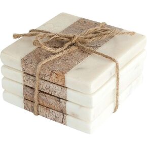 Creative Co-Op Square Marble Coasters with Jute String (Set of 4 Pieces) Glasses and Bar Tools, Brown, 4 Count