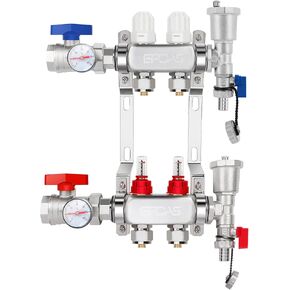 4-Branch PEX Radiant Floor Heating Manifold Kit 4 Loop Hydronic Radiant Floor Heating Stainless Steel, for 1/2 inch PEX Tubing