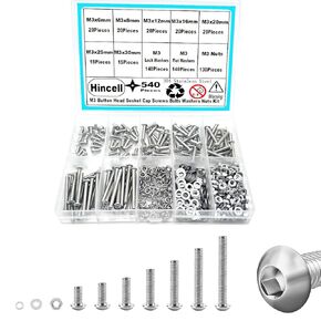 M3 Screws,Hincell 540pcs M3 Phillips Pan Head Machine Screws, Metric Screws Bolts Washers Nuts Kit,304 Stainless Steel(M3 x 6mm /8mm /12mm /16mm /20mm /25mm /30mm)