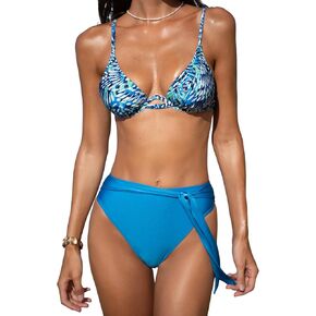 CUPSHE Women's Bikini Sets Two Piece Swimsuit High Waisted Plunging Neck Underwire Back Hook Self Tie Bottom Cheeky