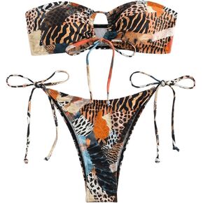 WDIRARA Women's 2 Piece Animal Print Bandeau Ruched Tie Front Swimsuit Cheeky Bikini Set