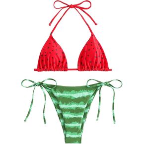 Verdusa Women's Watermelon Print Halter Top Tie Knot Side Bikni Bottom Bikini Sets Swimwears