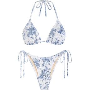 Swimsuit for Women Smocked Tie Back Bikini Sets High Cut Spaghetti Strap Cute Two Piece Bathing Suit Blue Floral M