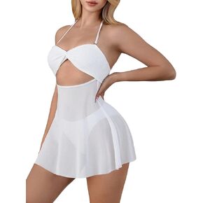 WDIRARA Women's Cut Out Tie Back Halter Bikini Set 2 Piece Bathing Suit Swim Dress and Panty