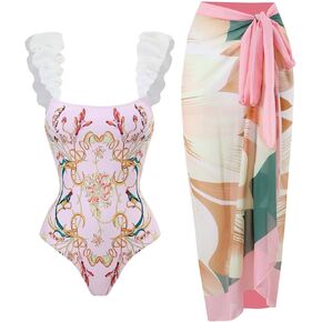 Women's One Piece Swimsuit with Beach Cover Up Bathing Suits for Womens with Long Skirt Retro Floral Print Bikini Pink
