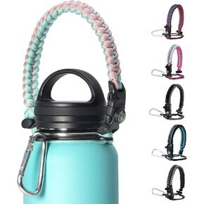 Trebo Paracord Handle for All Wide Mouth Watter Bottles 12oz - 128oz, Bottle Carrier Survival Bracelet Strap Cord Accessories with Safety Ring Compass Whistle Carabiner,6 colors