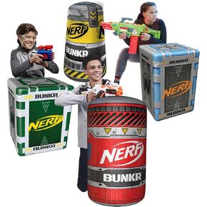 Nerf BUNKR BattleZones حزمة المنافسة حصن القبو القابل للنفخ - مجموعة درع المتراس المكونة من 4 قطع من الصناديق والبراميل - مثالية لحفلة NERF